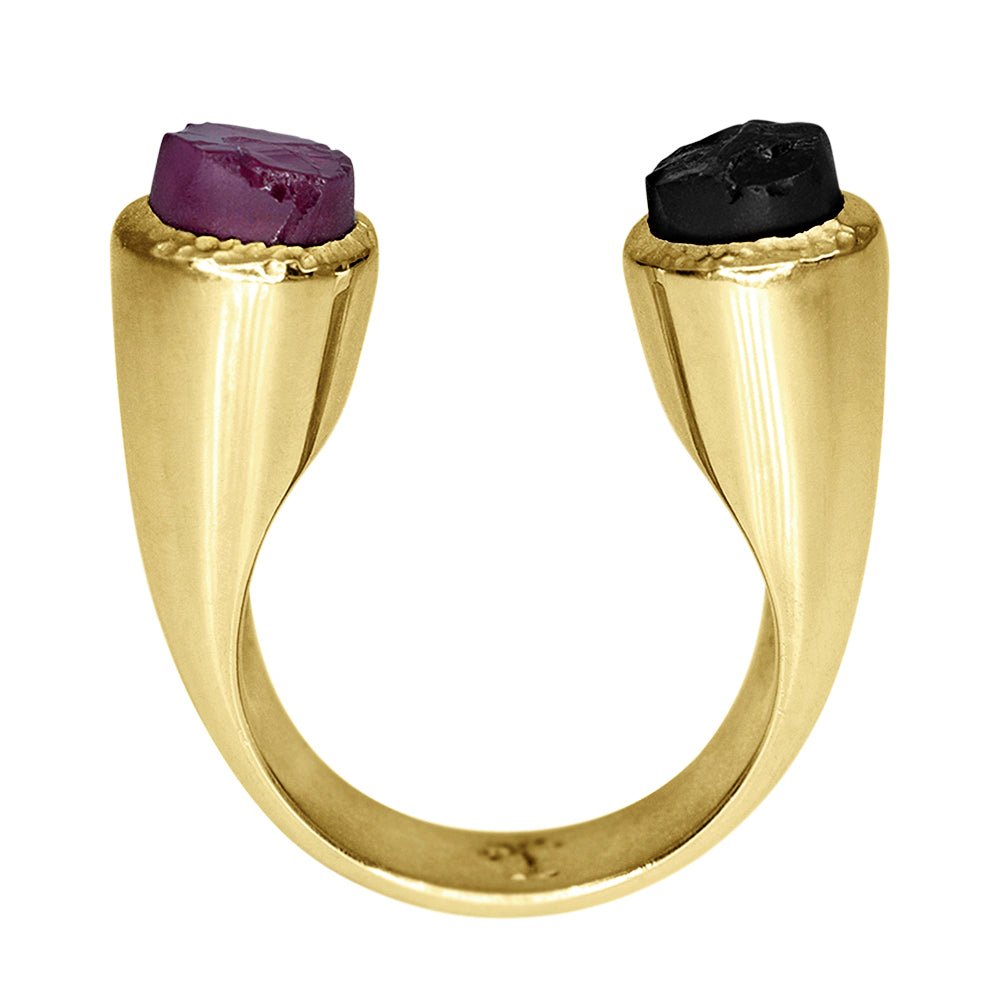 18K Yellow Gold 'NightRyder' Gemstone Ring with Garnet & Black Tourmaline